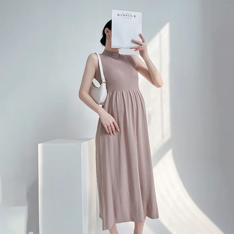 Pregnant Dresses Summer Curved Bead Knitted Sleeveless Temperament Plus Size Korean Fashion A-line Maternity Clothes Solid Color