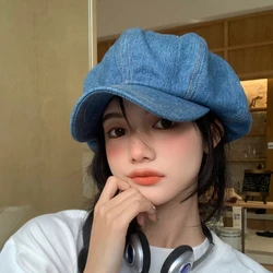 Korean New Denim Beret Women Spring and Autumn Retro Big Head Circumference Cloud Hat Fashion Casual Octagonal Painter Cap