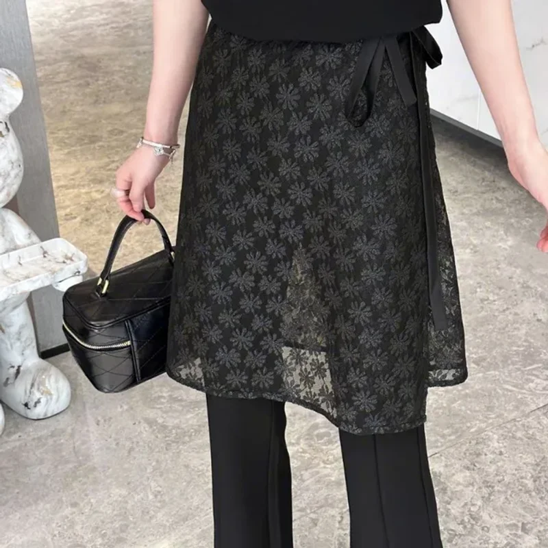 Floral Lace Women Skirts 2025 Faldas Mujer De Moda High Waist Bandage Tunic Saia Korean Jupe See Through Fashion Summer Skirt