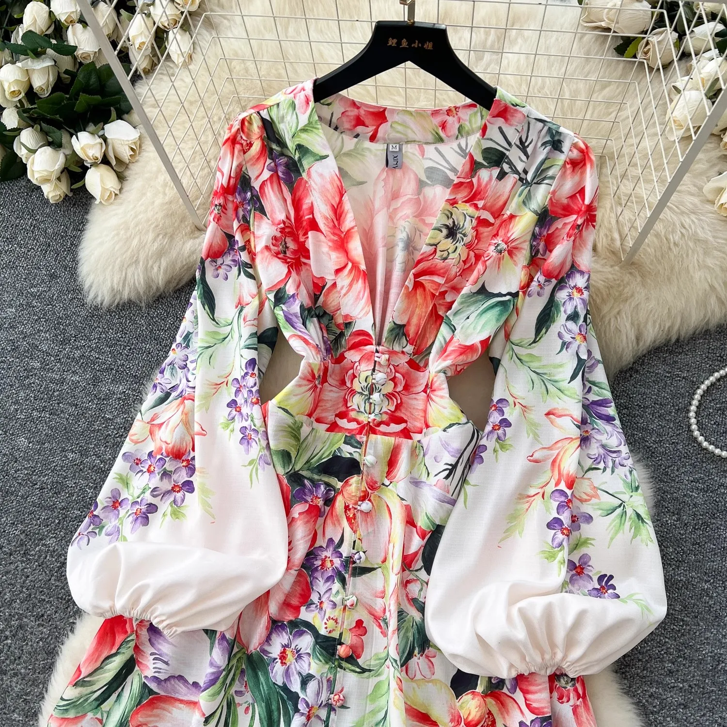 French Holiday Flower Maxi Robe Dress Women's Sexy V Neck Long Lantern Sleeve Single Breasted Floral Print Slim Boho Vestidos