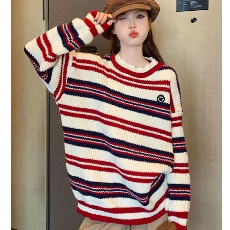 

Korean Vintage O-neck Patchwork Striped Sweater Femme Preppy Style Autumn Winter New Loose Knitting Pullovers Women's Top Tee