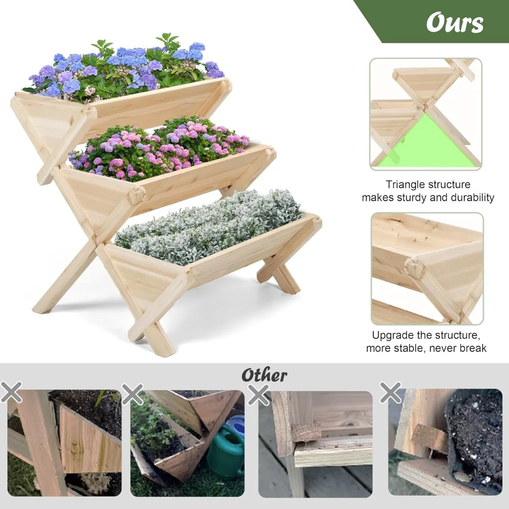 Cama de jardín elevada vertical de madera de 3 niveles con patas, kit de camas elevadas para macetero para flores, hierbas y verduras