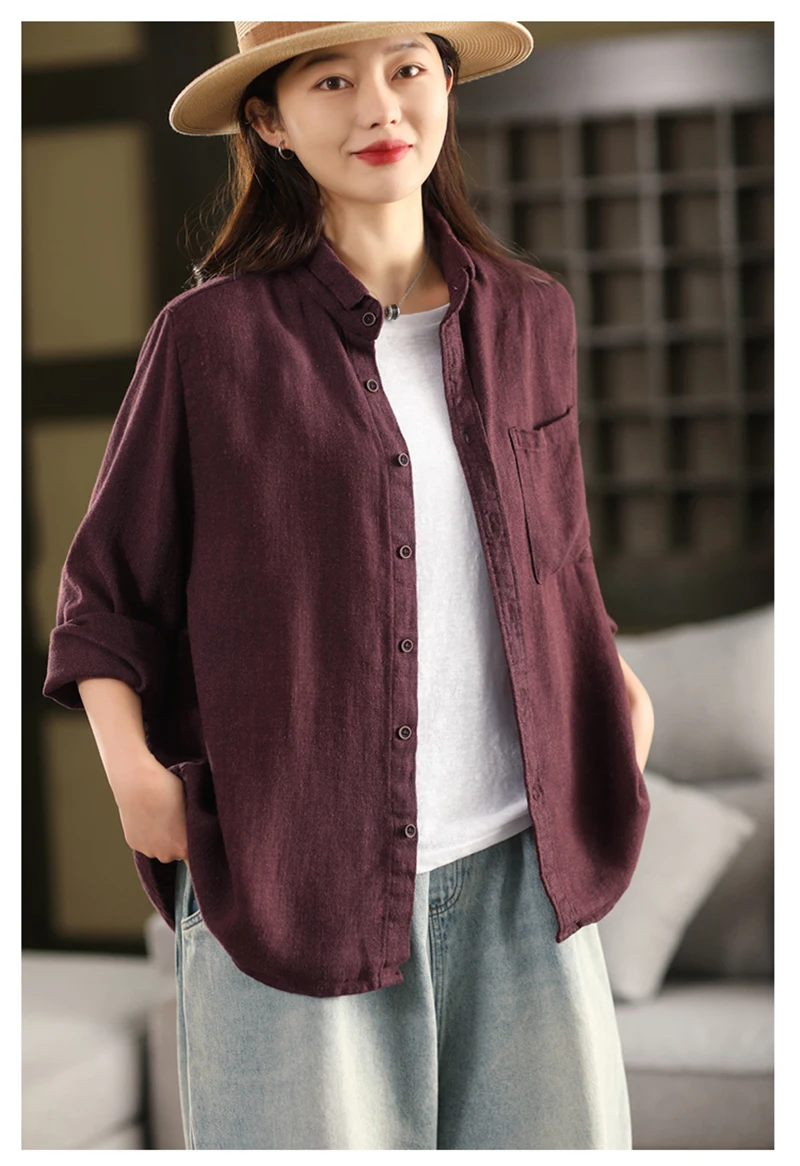 Damenhemd aus 100 % natürlichem Leinen – langärmeliges Hemd mit Kragen, Retro-elegantes Freizeit-Outfit für Outdoor-Aktivitäten, Komfort