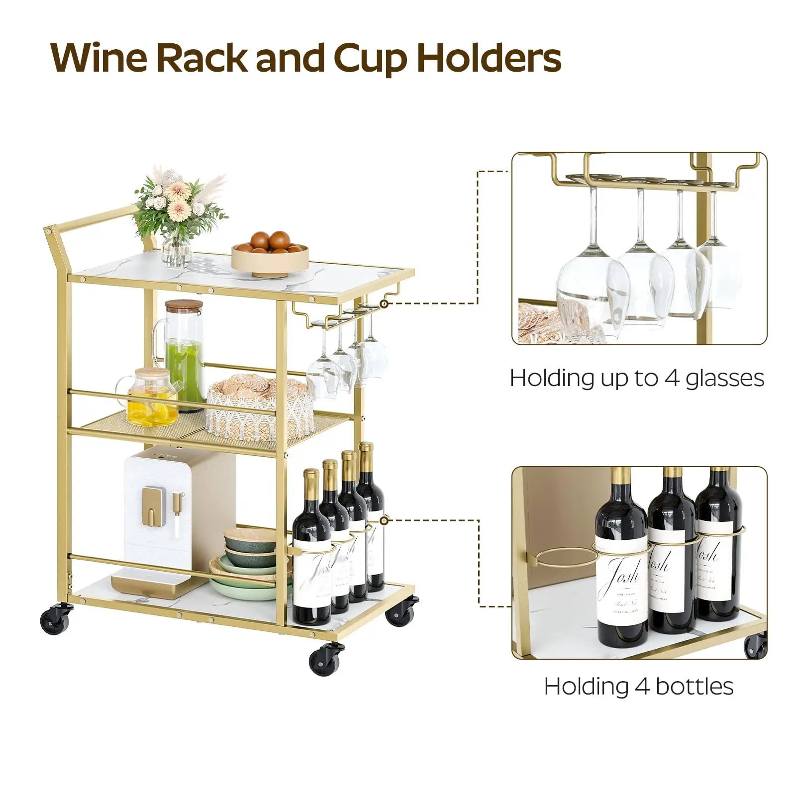 Factory Customized Marble Kitchen Serving Trucks For Home Storage Trolley With Wine Rack Holder Bar Truck For Hotel Restaurant