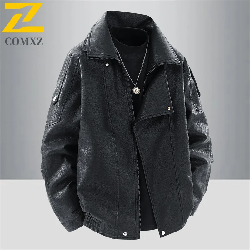 COMXZ Autumn PU Leather Coat Men Classic Lapel Camping Comfort Jacket Casual Hiking Windproof Multi Function Autumn Clothing