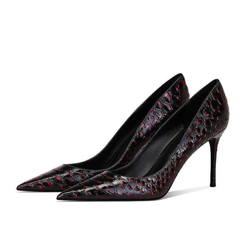 

2025 New Fish Red High Heels Women Genuine Leather Pointed Toe Stiletto Pumps Autumn Winter