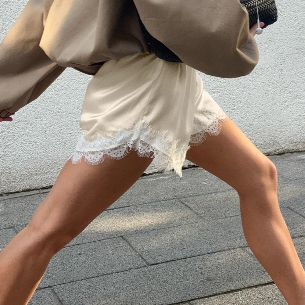 

Women Kawaii Lace Trim Satin Shorts Elastic Waist Lace Patchwork Silk French Knickers Coquette Pj Shorts Slip Bottoms Streetwear