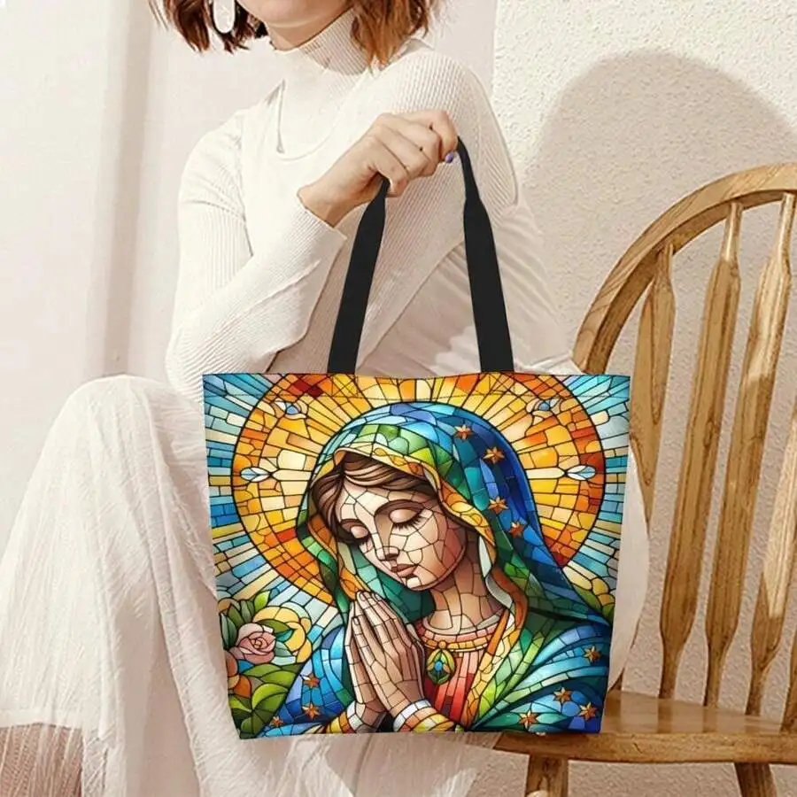 

Stained Glass Virgin Mary Tote Bag Religious Artwork Catholic Gift Unisex Shopping Travel Bag