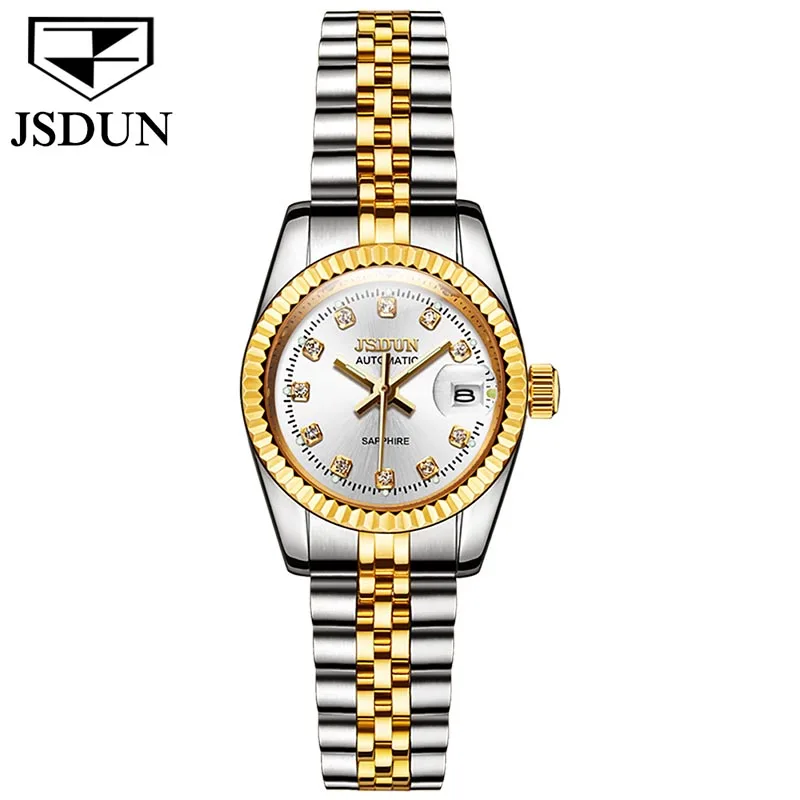 JSDUN Brand Women Watch Fashion Simple Automatic Mechanical Watch Calendar Display Waterproof Clock High Quality Womens Watches