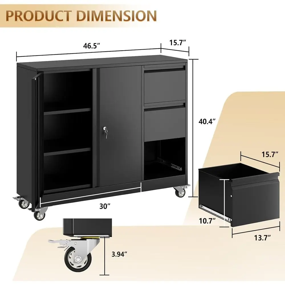 47H 3 Drawer Rolling Metal Cabinet, Lateral Filing Storage Cabinet, Office Cabinet with Adjustable Shelves & Wheels, Mobile Lock
