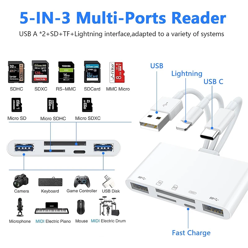 8 w 1 czytnik kart SD HUB USB dla iPhone iPad MacBook Lightning/USB/typ C do karty SD TF czytnik pamięci Flash Drive OTG Adapter