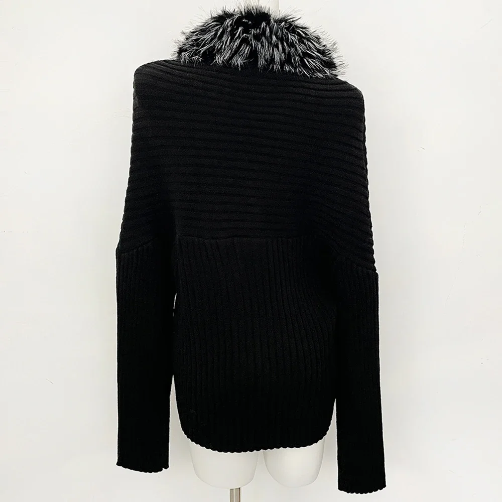 OFTBUY V-Ausschnitt Kunstpelzkragen Gerippter Strickpullover Mantel Damen Kurze Strickjacke Locker Geschnittene Schulter Neue Winteroberbekleidung – Detail 9