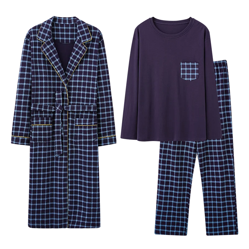 Cotton Pajama Set for Men with Long Sleeve Nightgown and Bathrobe for Home and Outdoor Wear