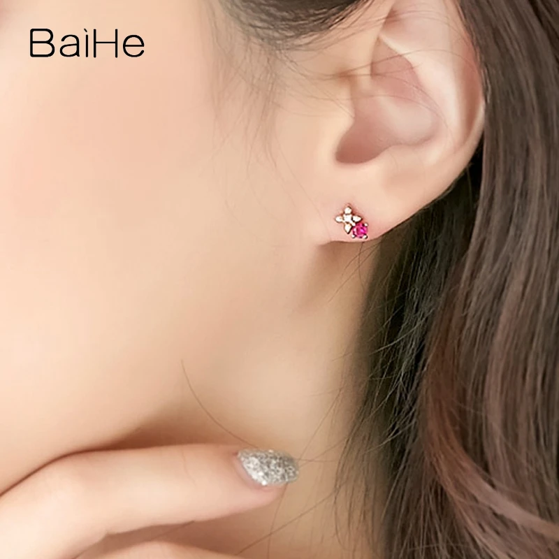 BAIHE Solid 14K White/Yellow/Rose Gold Natural Ruby Diamond Flower Stud Earrings Women Engagement Trendy Fine Jewelry серьги