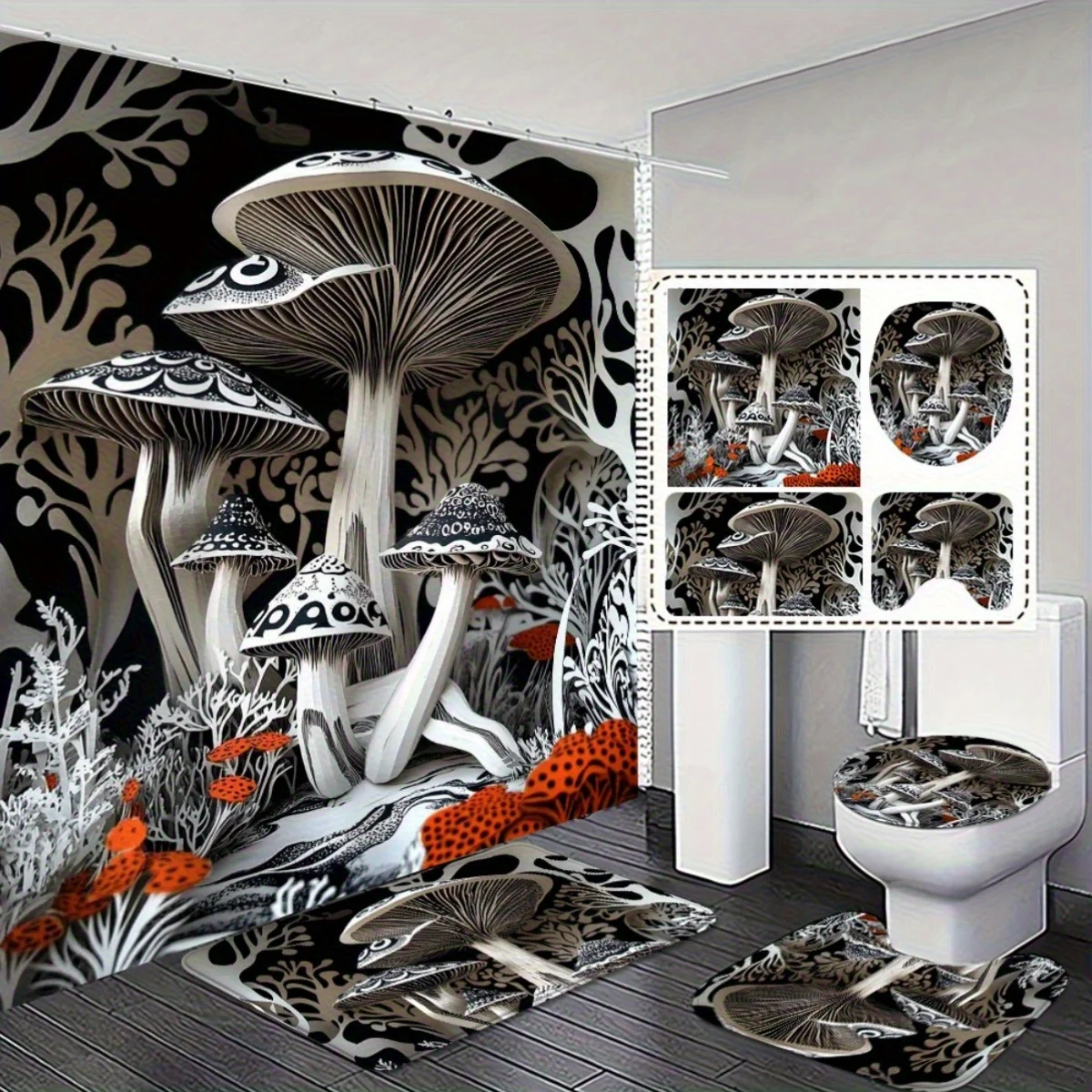 

4шт. Элегантная занавеска для душа с грибным принтом и набор нескользящих ковриков для ванной — идеально подходит для современного декора ванной комнаты, изысканный и