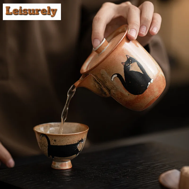 180ml Japanese Wood-fired Porcelain Hand Grasping Pot Kiln Change Zhiye Cat Treasure Bottle Pot Painted Silve Maker Tea Kettle