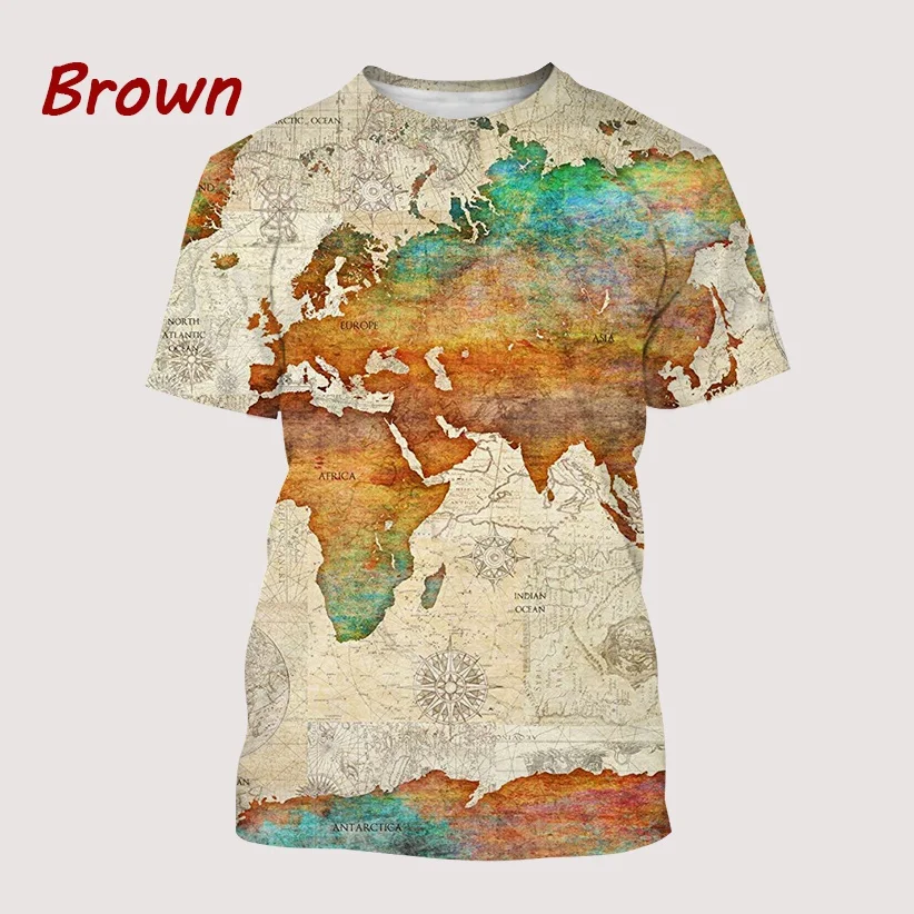 Retro Fashion African continent Printing Men\'s Street T-Shirt World map Trendy Short Sleeves tee