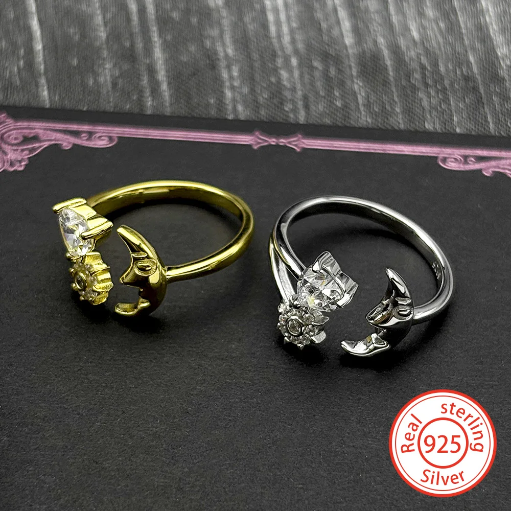 

Кольцо из стерлингового серебра 925 пробы с сердцем, цирконами, луной и солнцем, позолоченное, регулируемое, для женщин и девушек, подарок для вечеринки