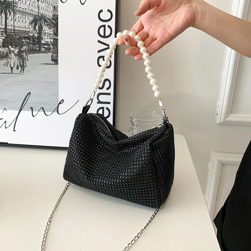 French Girl Evening Bag Fashion Ladies Shoulder Crossbody Bag Women\'s Crushed Diamonds Chain Women\'s Bag Pearl Shoulder Strap