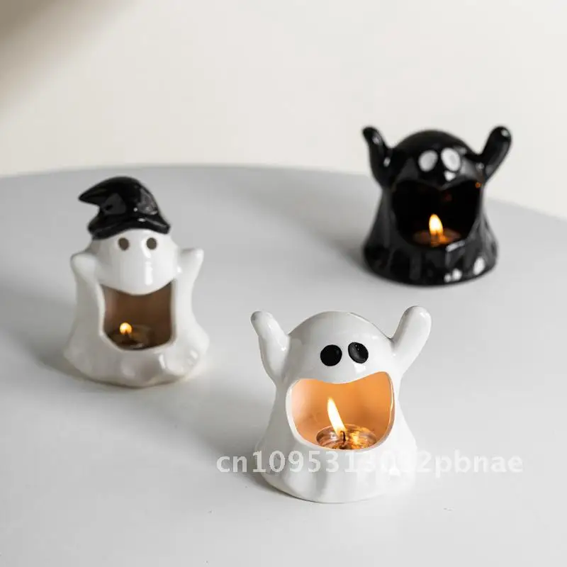 Cute Ghost Multicolor Ceramic Candle Holder Crafts Halloween Atmosphere Decorative Ornaments