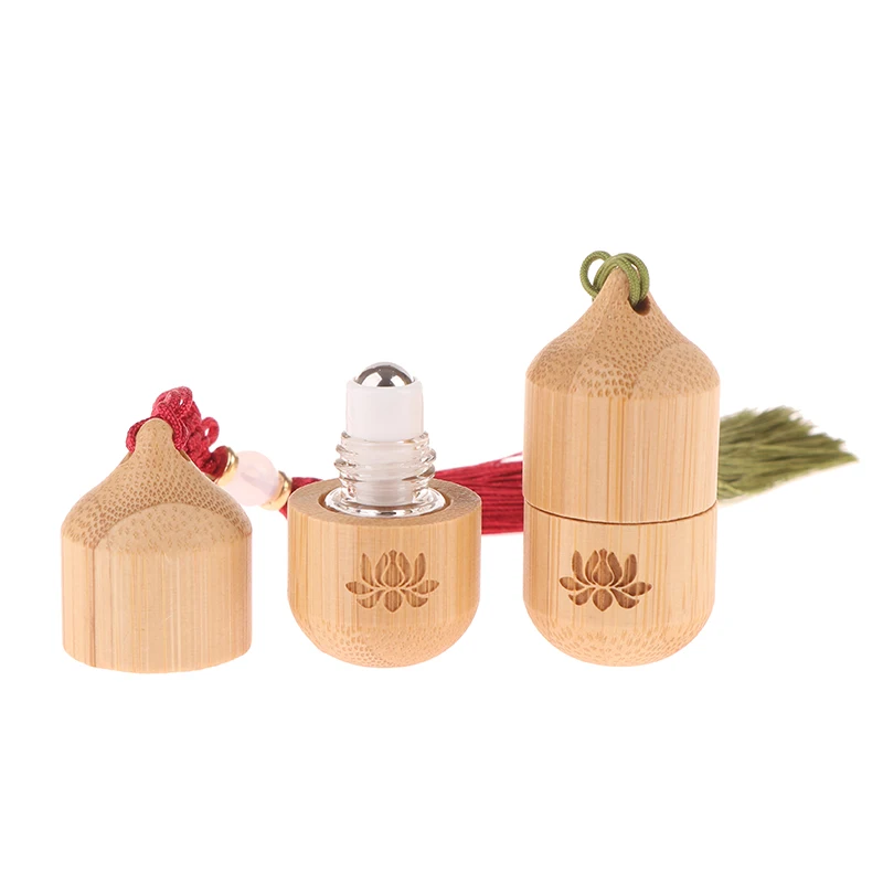 فارغة 1 مللي زجاجة دوارة من الخيزران حاويات العناية بالبشرة النمط القديم لفة على زجاجات عطر صغير زيت طبيعي مع قلادة