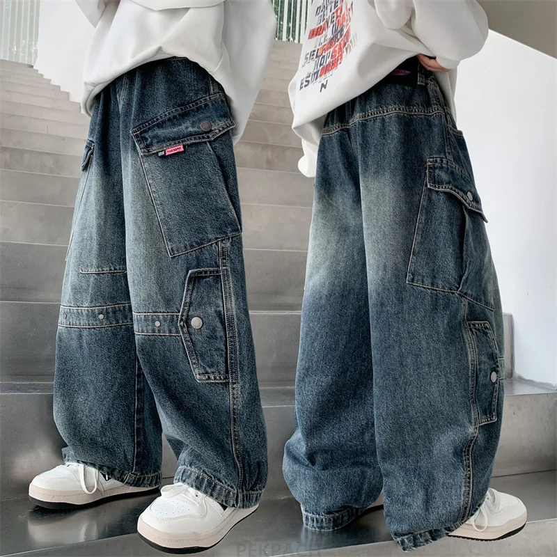 

New Fashion Kids Child Luxury Design Curved Cargo Jeans with Pocket for Teenage Boy Casual Baggy Carpenter Denim Pants Age 5-14Y