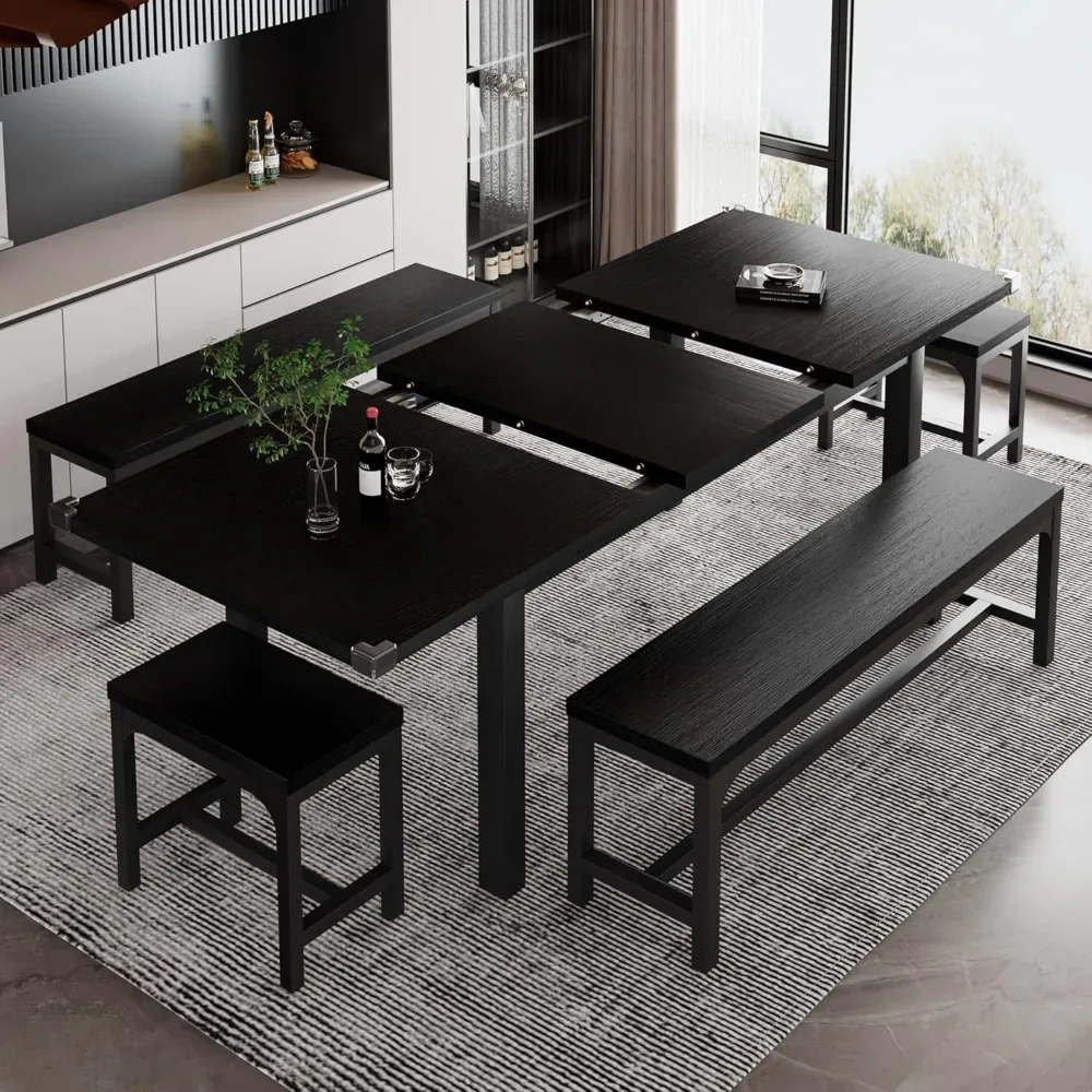 

5-Piece Dining Table Set for 4-8 People, Extendable Kitchen Table Set with 2 Benches and 2 Square Stools,Mid-Century Dining Room