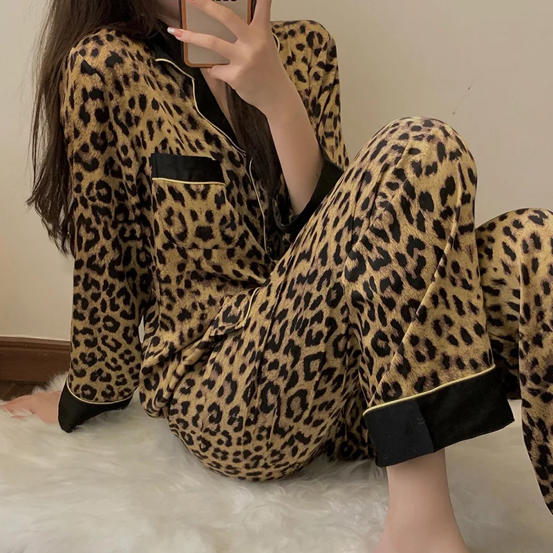 Pajamas Women Satin Silk Spring Summer Korean Version Cardigan Long Sleeves Long Pants Leopard Print Sleepwear Thin Pyjamas