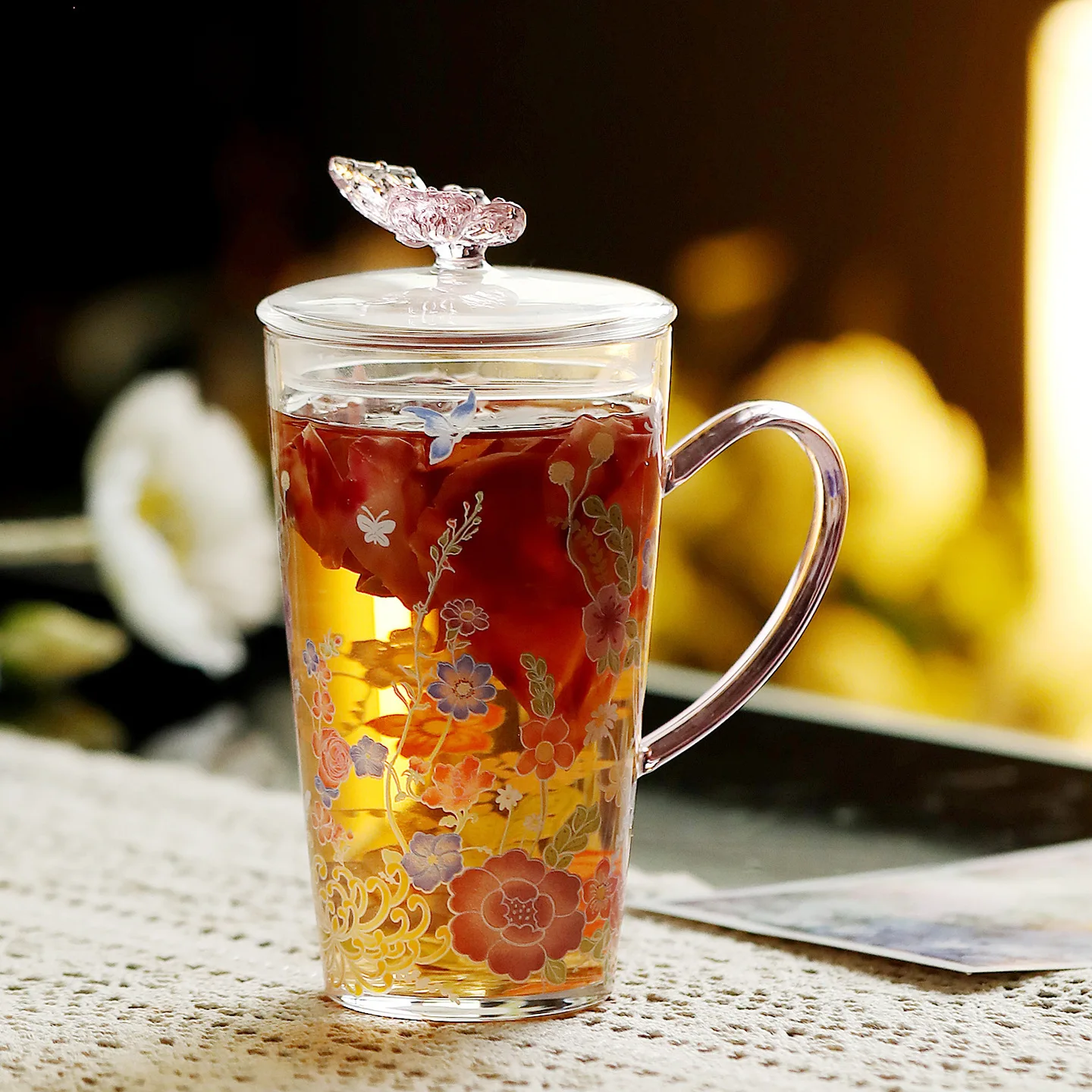 Blooming Flowers Creative High Borosilicate Glass High Temperature Resistant Pink Butterfly for Home Water Cup Teacup Mug