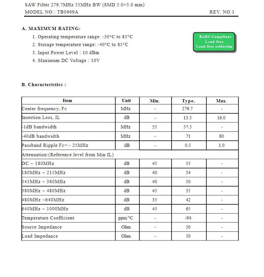 2 buah kode TB0969A 969 baru asli 279.7MHz 55MHz BW Filter gergaji SMD dikemas dalam stok