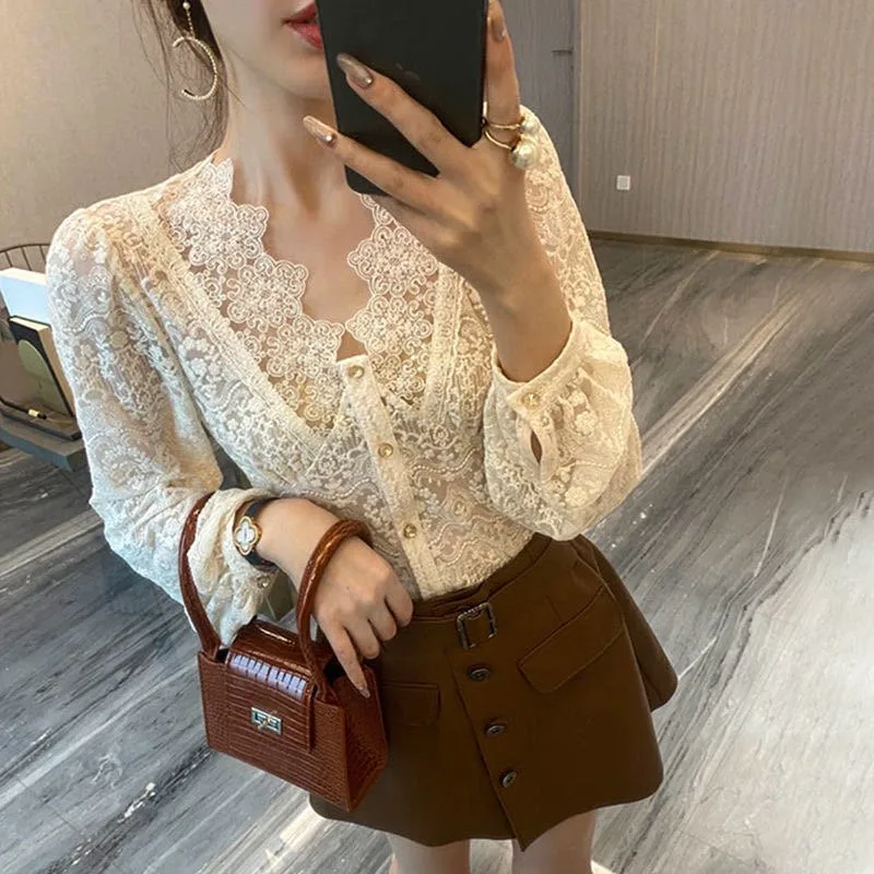 Women Tops Elegant Long Sleeve Blouse Spring V-neck Stitching Hollow Out Lace Chiffon Shirt Casual Loose Clothes Blusas tops