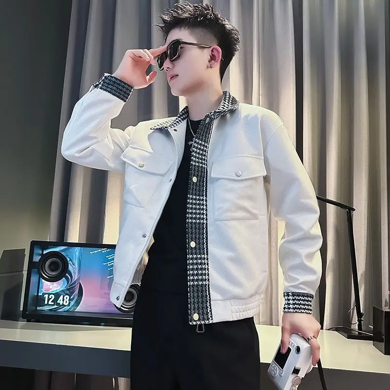 เสื้อแจ็คเก็ตเย็บปะติดปะต่อแบรนด์อินเทรนด์สําหรับผู้ชายเสื้อแจ็คเก็ตคอปกสําหรับผู้ชาย