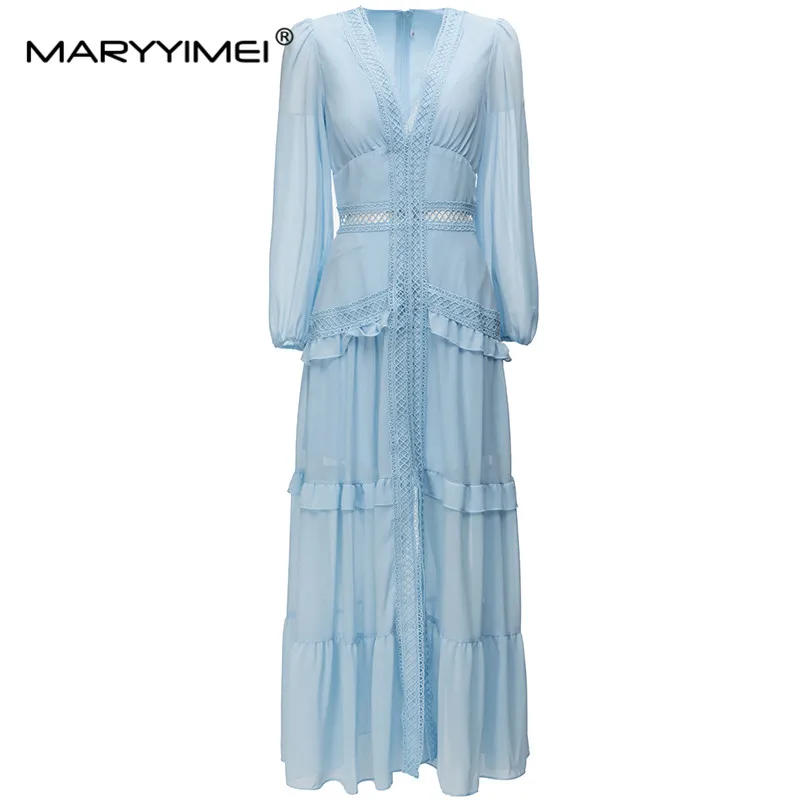 Imagem -06 - Maryyimei-vestido Feminino de Renda com Decote em v Vestidos de Manga Comprida Fino Elegante Estilista Outono