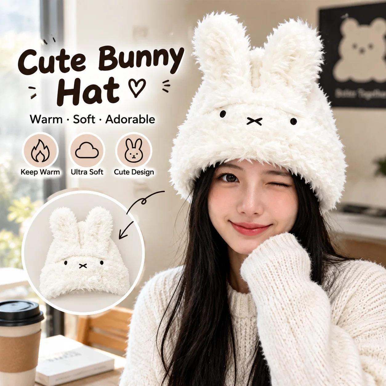Lindo gorro de peluche para mujer y niña, con orejas de conejo Miffy, gorro de lana tejida que protege las orejas del frío, ideal como accesorio para fotos, para usar en invierno y en actividades al aire libre, un accesorio de moda.