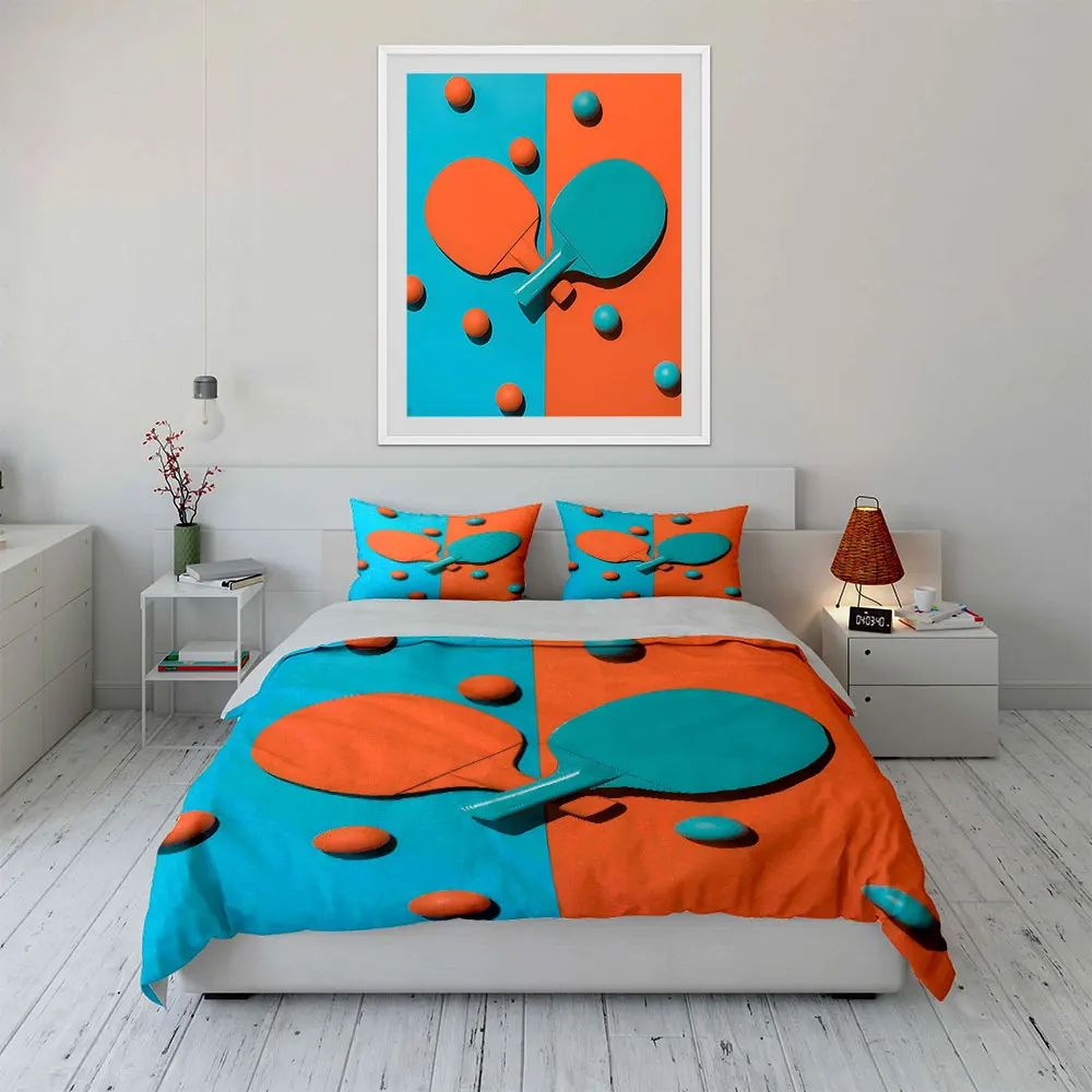Symmetrical Ping-Pong Paddles and Balls Print Soft Comfortable Duvet Cover Bedding Set Included 1*Duvet Cover 2*Pillowcases 4