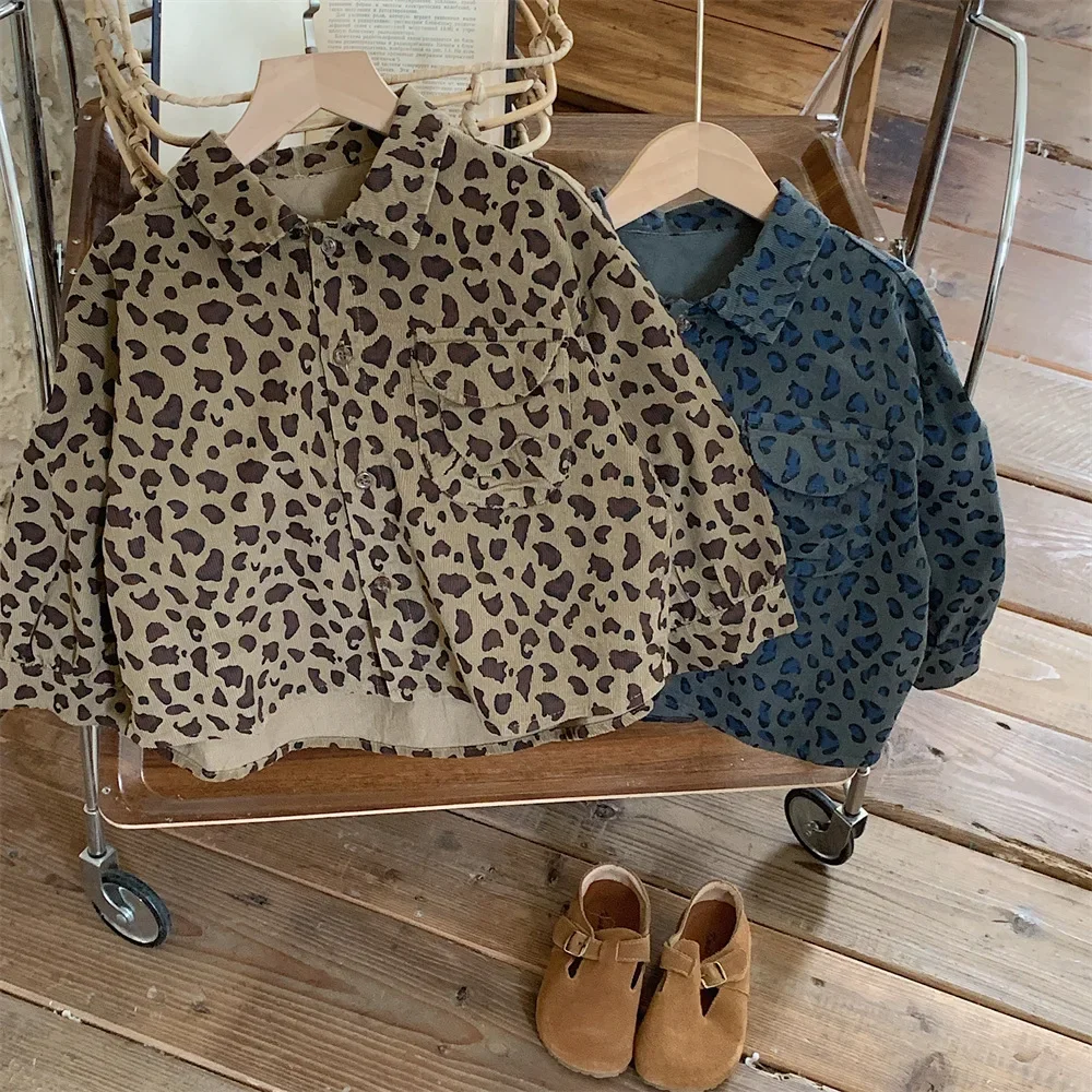 Blouses Boys Leopard Print Shirt Loose Coat Autumn New Tide Children Baby Spring Long Sleeved 2024 Fashion Simple Cool