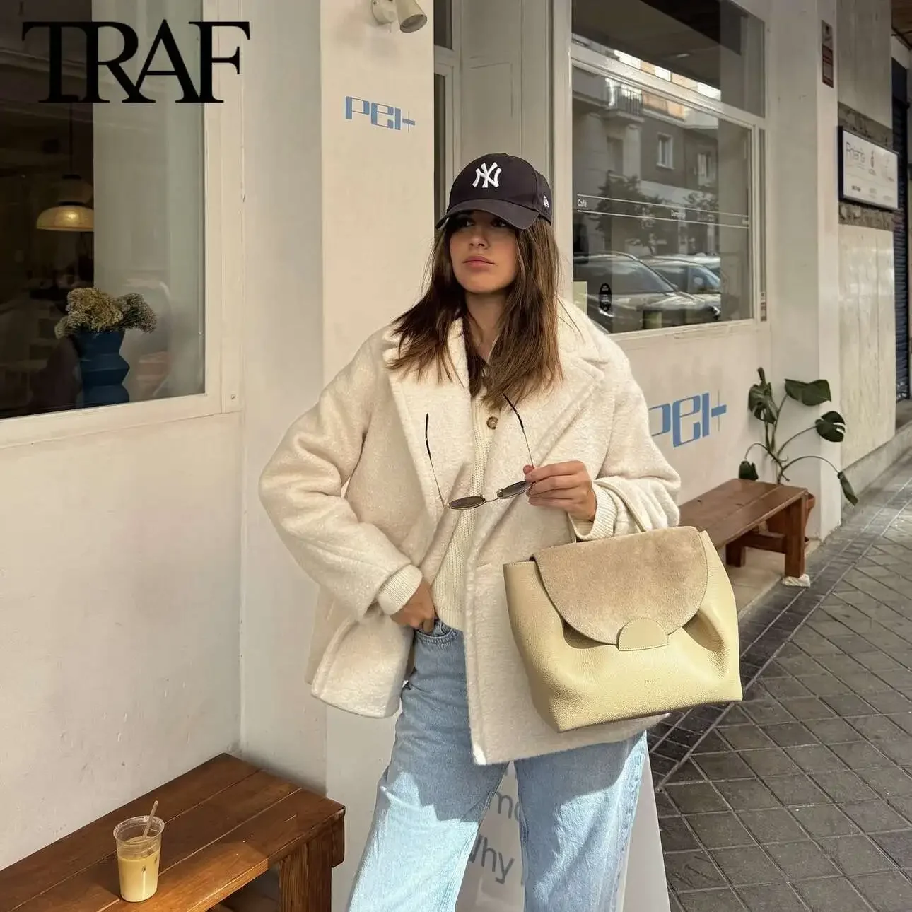 TRAF White Wool Blend Jacket Women Fashion 2024 Autumn Winter New Double Breasted Lapel Long Sleeved Warm Short Coats