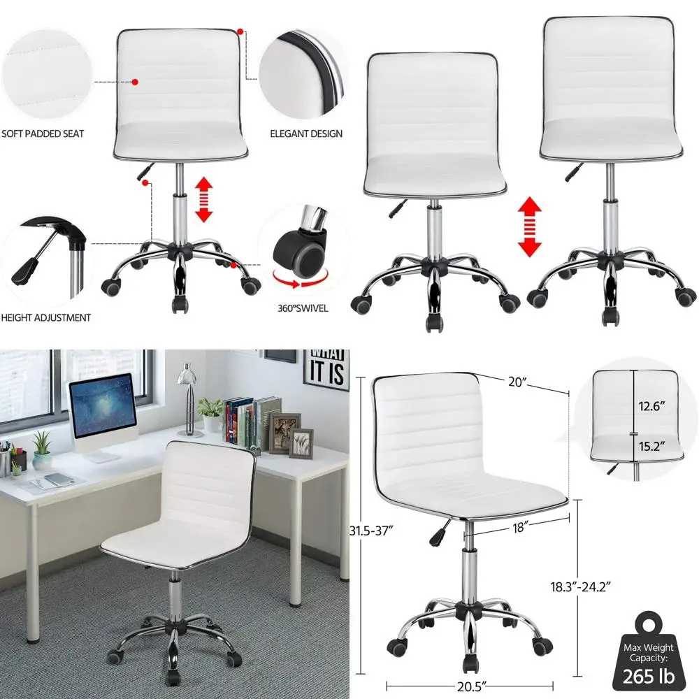 Adjustable Task Chair PU Leather Low Back Ribbed ArmlSwivel White Desk Chair Oice Chair Wheels