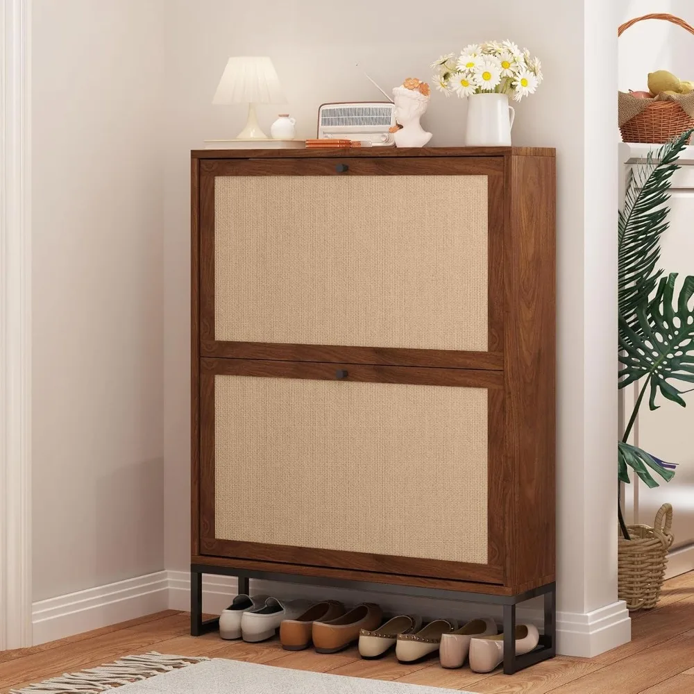 

Freestanding Shoe Organizer with 2 Flip Drawer Doors, Entryway & Closet Shoe Storage, Linen Doors, Walnut