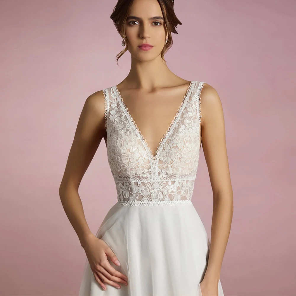 Fashion Wide Straps Wedding Dresses Deep V Neck Open Back Bridal Growns Applique Lace Sleeveless Customizd 2025 Vestido de novia