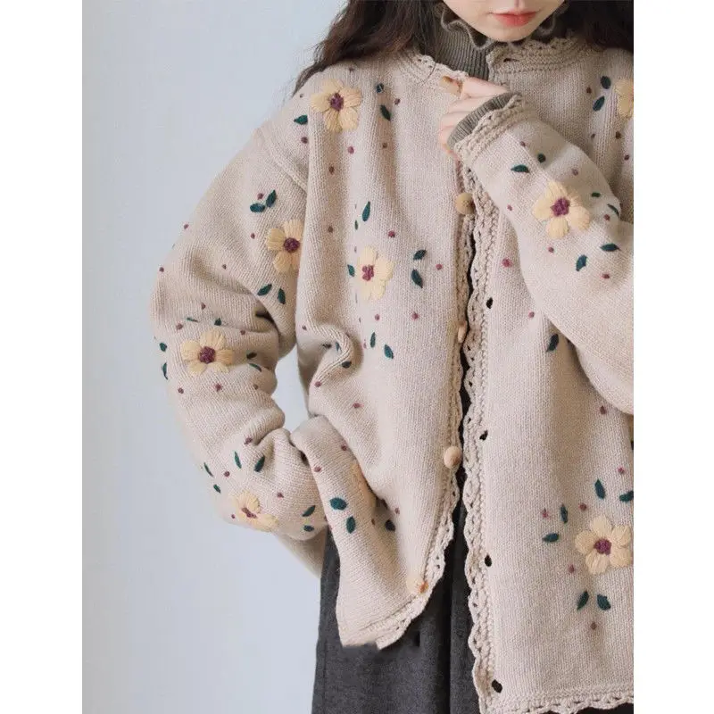 

Cardigan Japanese Vintage Embroidered Flower Sweater Coat Women Long Sleeve Outwear Knitted Cardigan Loose Sweater Female Top