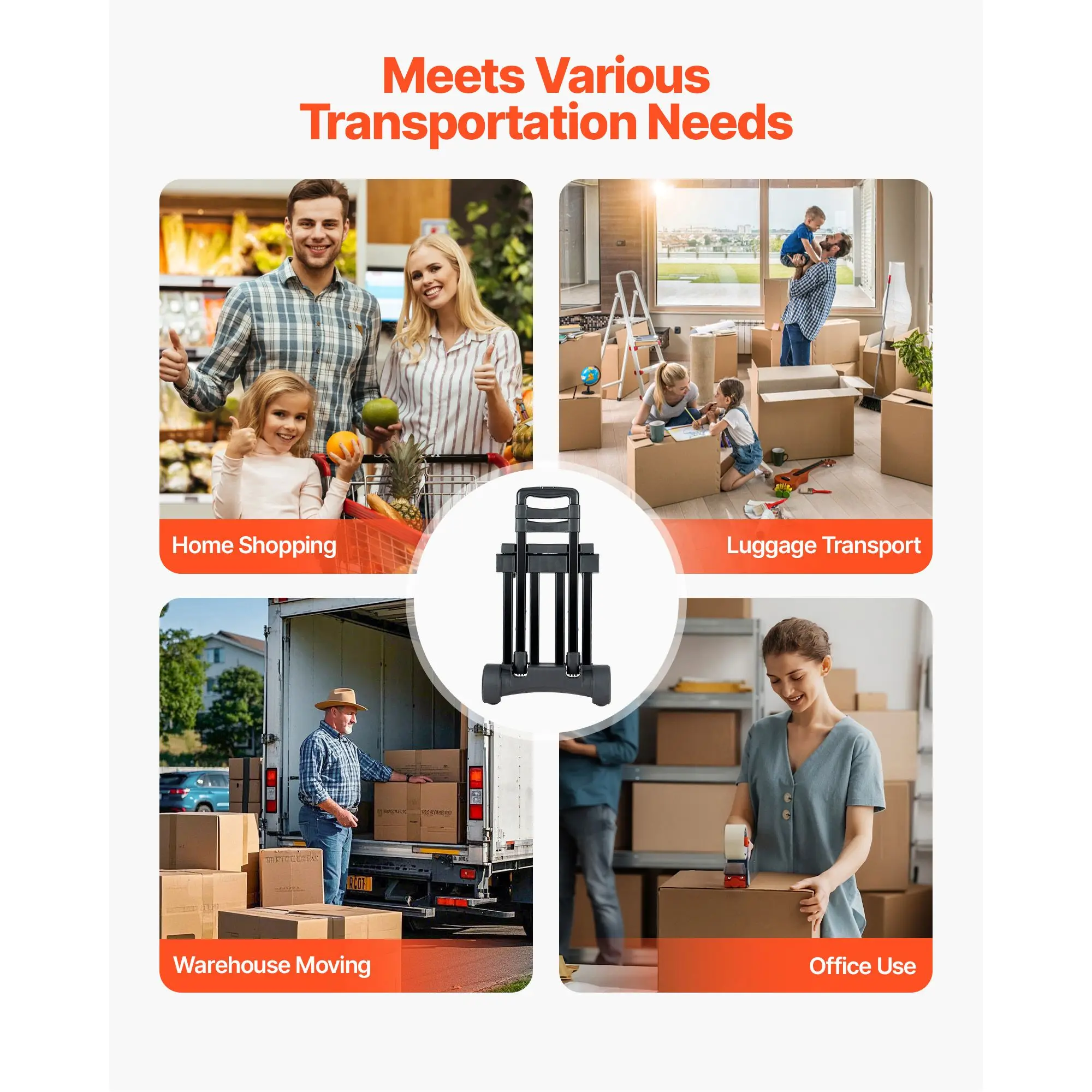 Folding Hand Truck, 290 Lbs Load Capacity, Collapsible Luggage Cart with 4 Wheels, 2 Elastic Ropes & Expandable Base, Utility