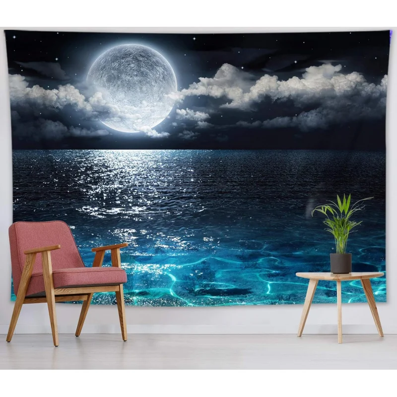 VIKAMA Wandteppich mit blauem Meeresnachthimmel, natürliche Landschaft, Mond über dem Ozean, Hippie-Kunst-Wandteppich, Heimdekoration, langlebig