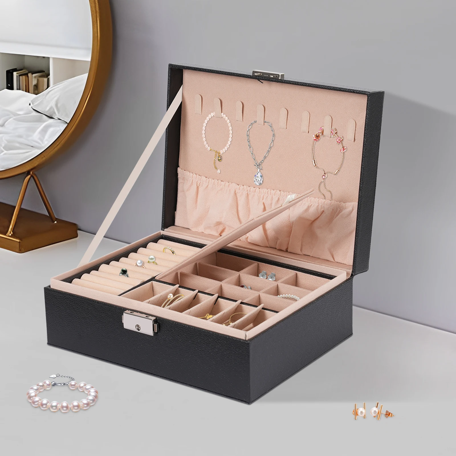 Jewelry And Watches Store - صندوق مجوهرات ذو طبقتين للطاولة مع