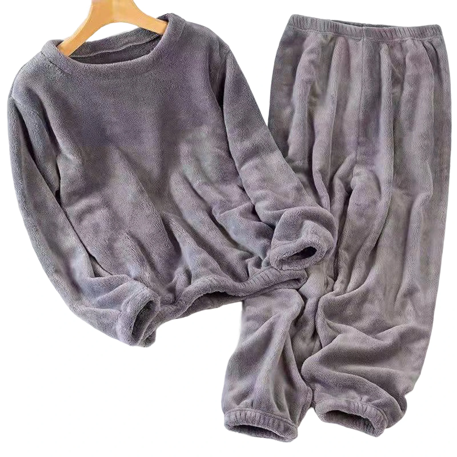 Winter Warm Flannel Pants Pajama Sets Solid Color Pullover Round Neck Pajamas for Casual Household Wear