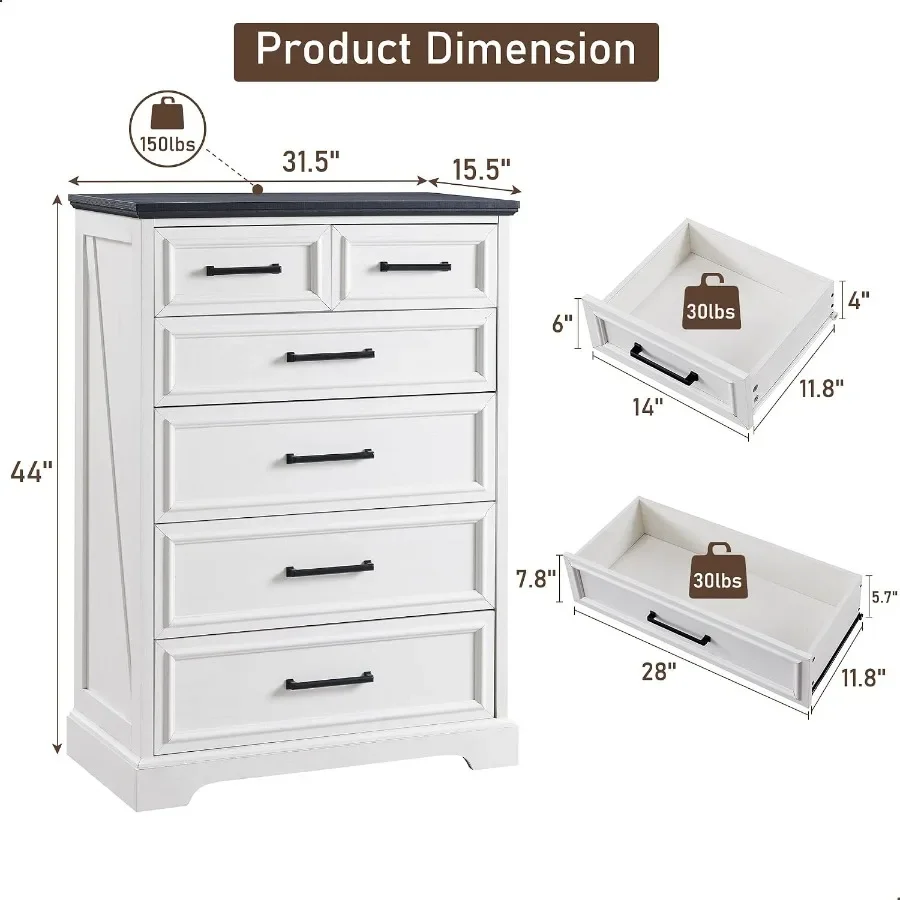 6 Drawer Dresser, Tall Farmhouse Chest for Bedroom, Off