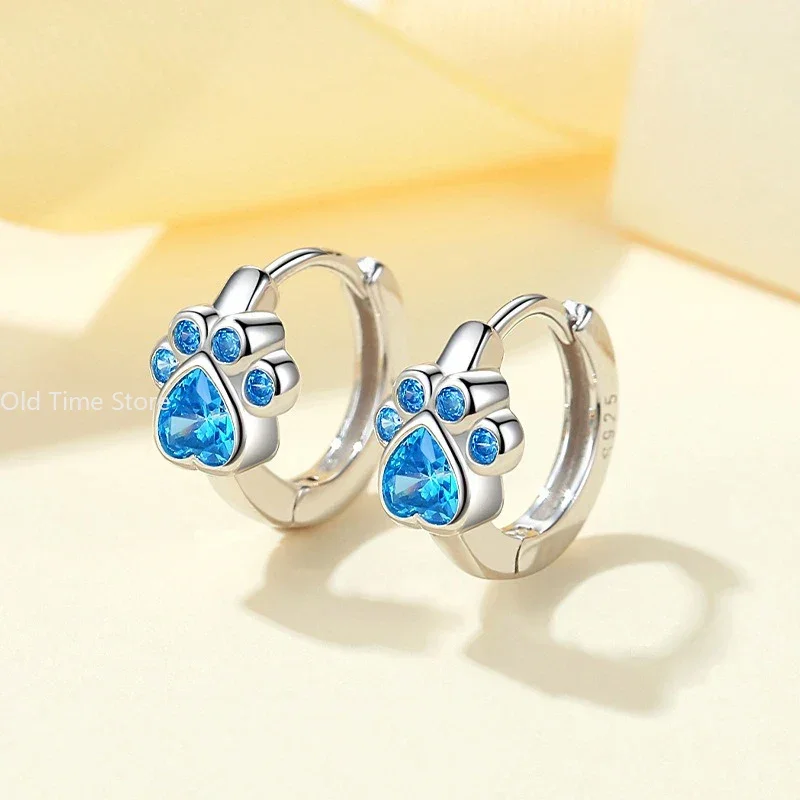 925 Sterling Silver Needle Colorful Copper Zirconia Cat Dog Paw Hoop Earrings for Women Birthday Party Wedding Gift Jewelry