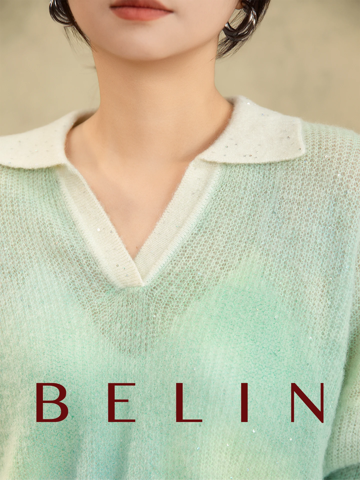 Belin Gradient Color Loose Women's Knitted Sweater Green Field Bead Winter Top Quality Wool Long Sleeve Crew Neck Sweater
