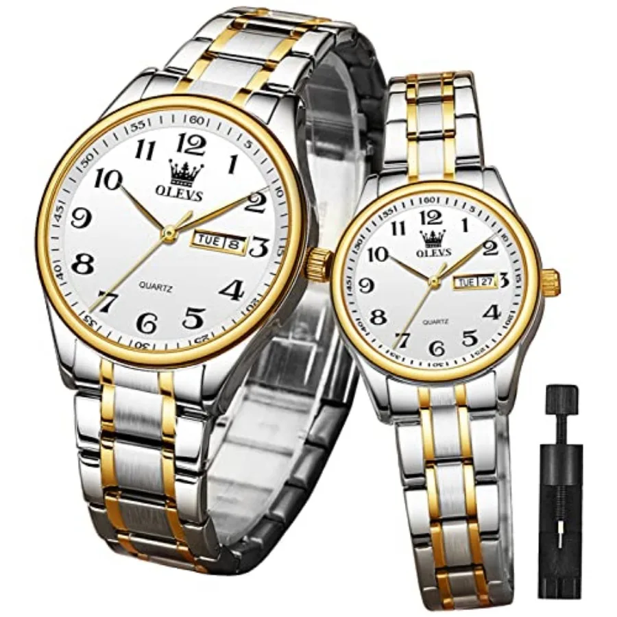 

OLEVS Valentines Couple Pair Quartz Watches Lumius Calendar Date Window 3ATM Waterproof, Casual Stainless Steel His and Hers Wr
