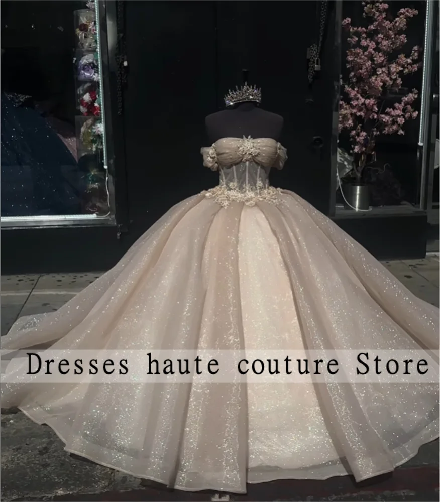 New Champagne Tulle Quinceanera Dresses Ball Gown Off Shoulder Appliques Sweet 16 Dress Custom Made Vestido De Quinceañera 2024